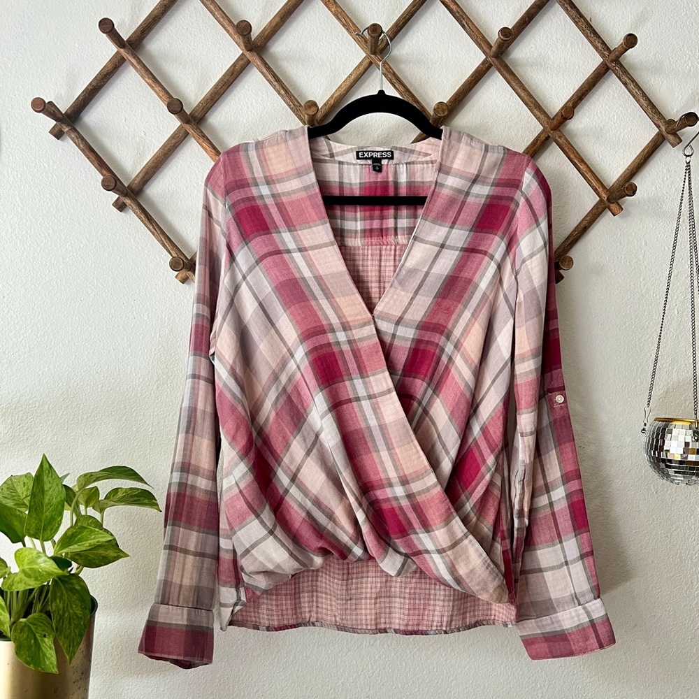 Express Women's Plaid Wrap Top - Pink, Gray, and Cream